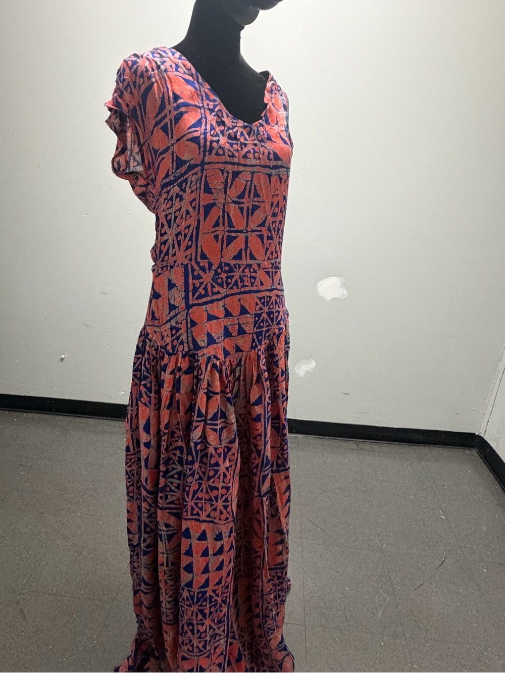 Bohemian Geometric Maxi Dress in Coral Pink & Navy